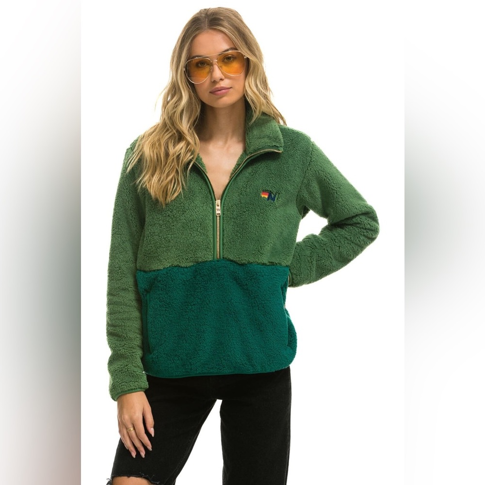 TEDDY UNISEX HOODED HALF ZIP COLOR BLOCK SHERPA JACKET GARDEN GREEN SIZE LARGE